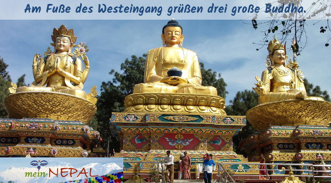 Sobald Du die Buddha-Statuen siehst, kannst Du aus dem Bus aussteigen. Sie markieren den westlichen Eingang zu Swayambhunath.